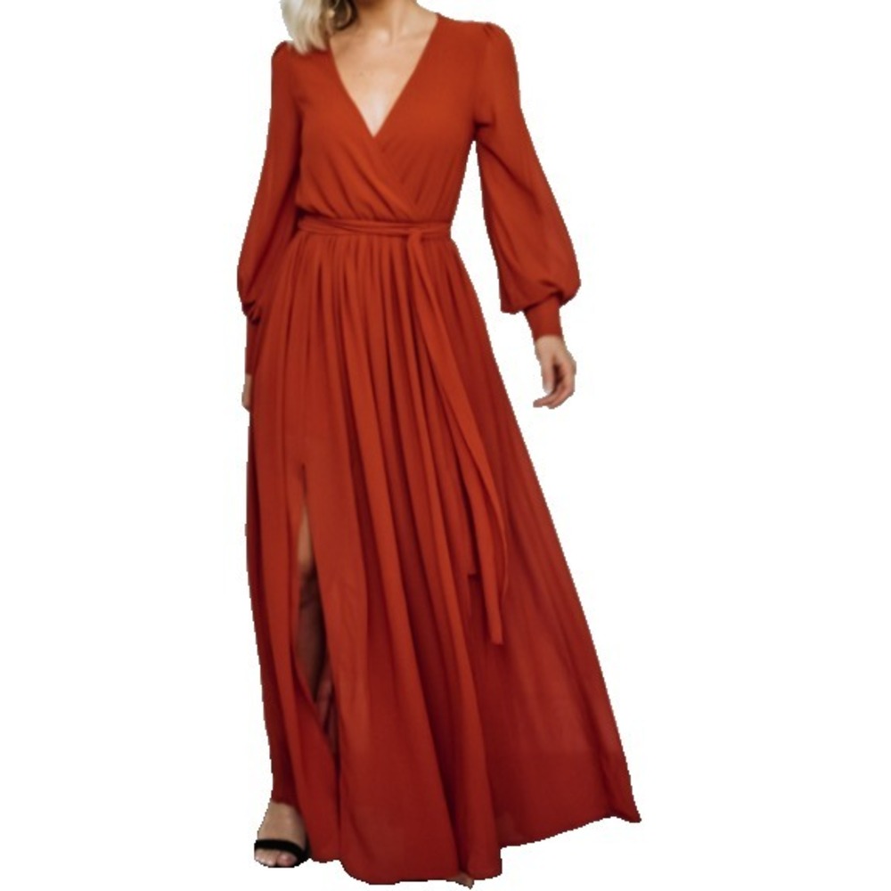 Baltic Born Celine  Dress Womens M Rust Sheer Back Long Sleeves Lined Side Slits